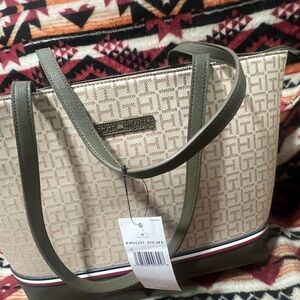 Tommy Hilfiger Beige and Olive Tote Bag